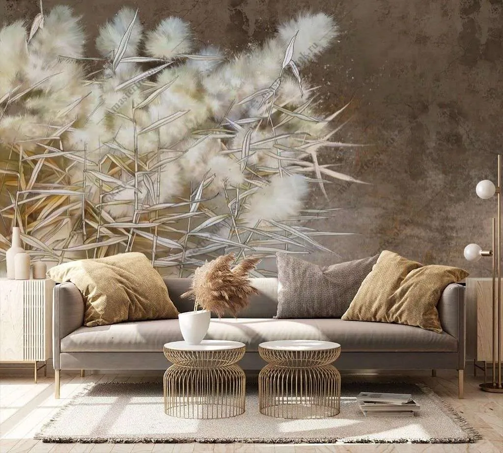 Фотообои в интерьере камыш на коричневом фоне  10-957 фото