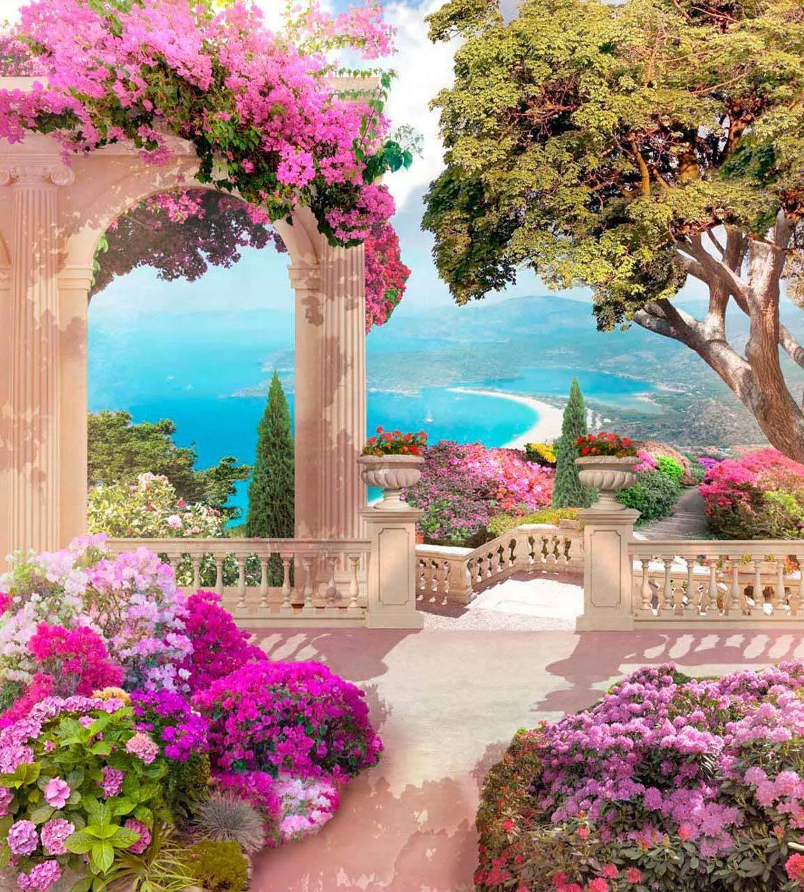 Фотообои в интерьере терраса с розовыми цветами 3  7-126 фото