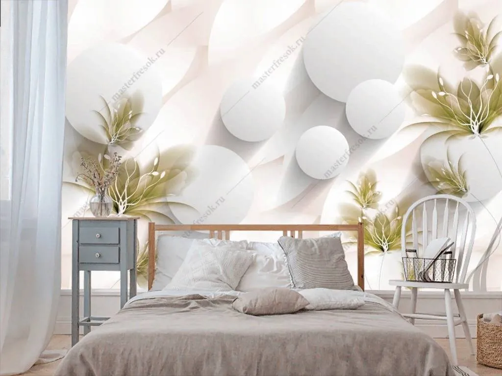 Фотообои в интерьере 3d белый фон с цветами  10-835 фото