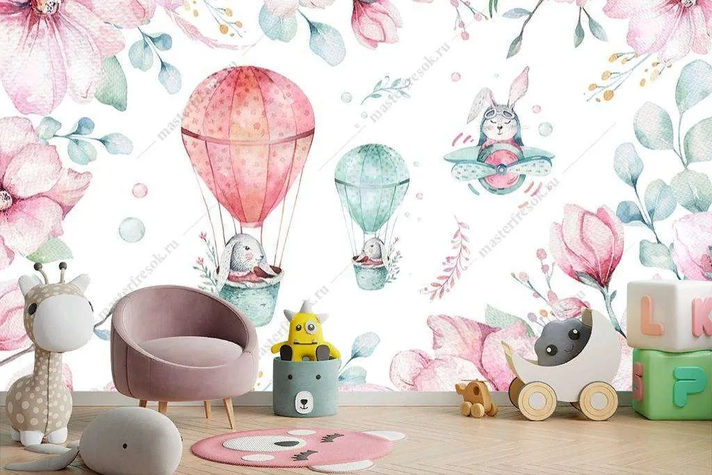 Фотообои в интерьере розовые цветы и зайка на воздушном шаре  14-065 фото