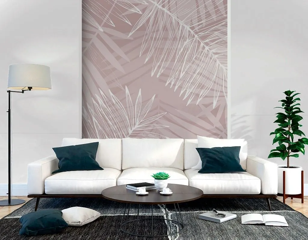 Фотообои в интерьере белые ветви на пудровом фоне  9-2088 фото