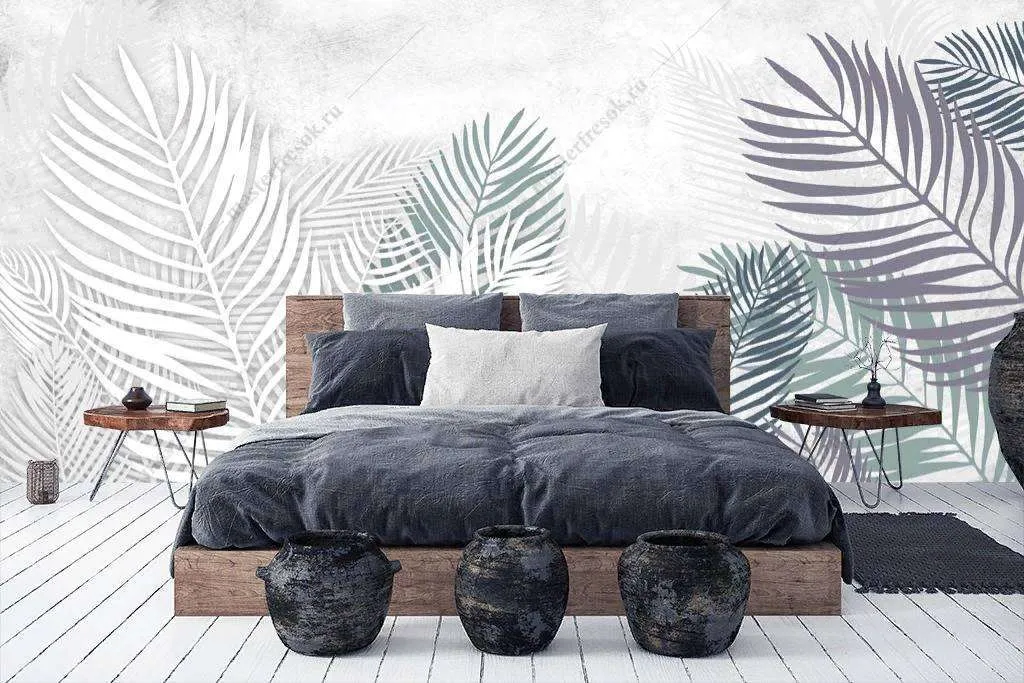 Фотообои в интерьере пальмовые листья на белом фоне  9-1196 фото