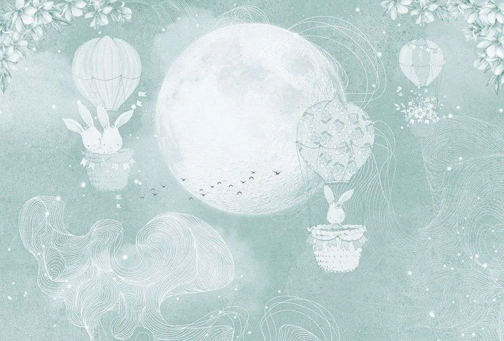 Фотообои в интерьере детские. зайки летят на шариках  12-1625 фото