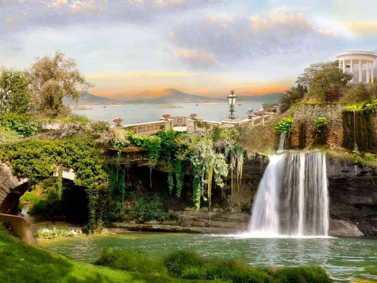 Фотообои в интерьере беседка у водопада  5-055 фото