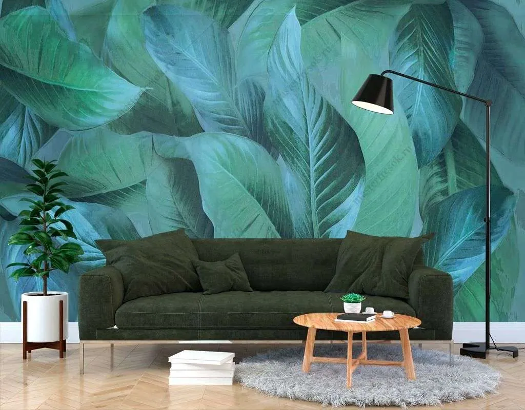 Фотообои в интерьере зеленые тропические листья  13-399 фото