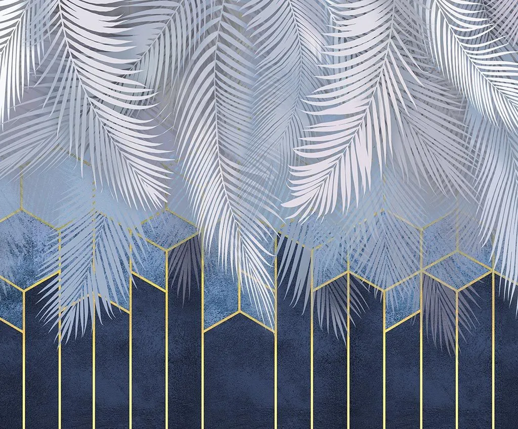 Фотообои в интерьере ботаника с голубой геометрией  14-200 фото