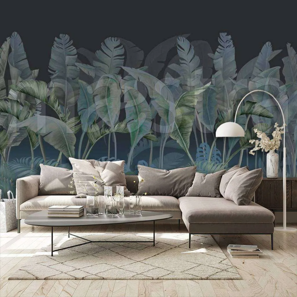 Фотообои в интерьере листья в темных тонах  7-876 фото