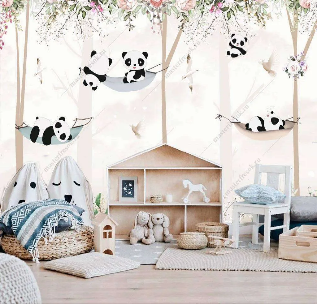 Фотообои Бесшовные обои на стену:  Панды на деревьях. Артикул: 12-810  