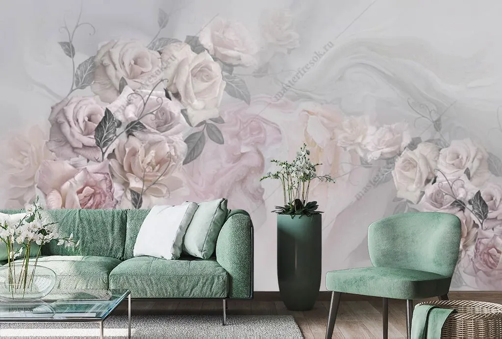 Фотообои в интерьере пастельные розы  13-371 фото