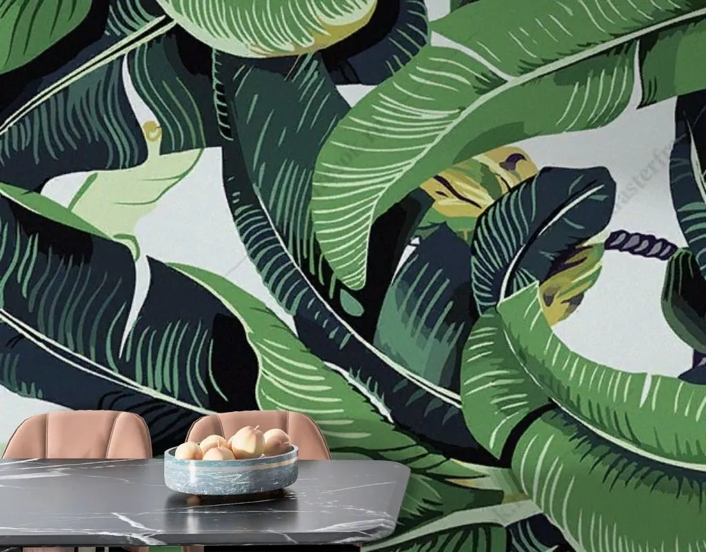 Фотообои в интерьере принт банановые листья  14-483 фото