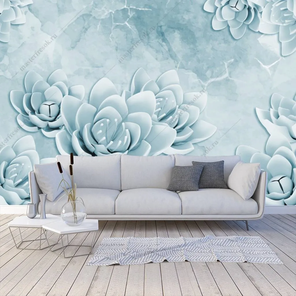 Фотообои в интерьере 3д голубые цветы  10-651 фото