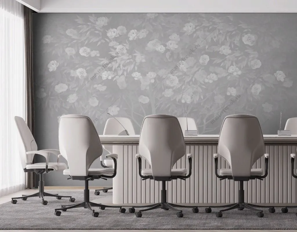 Фотообои в интерьере дерево цветущее на сером фоне  13-586 фото