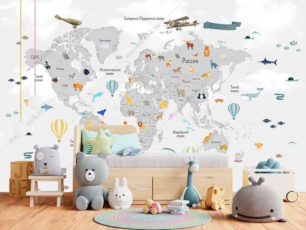 Фотообои в интерьере светлая карта мира с животными  14-284 фото