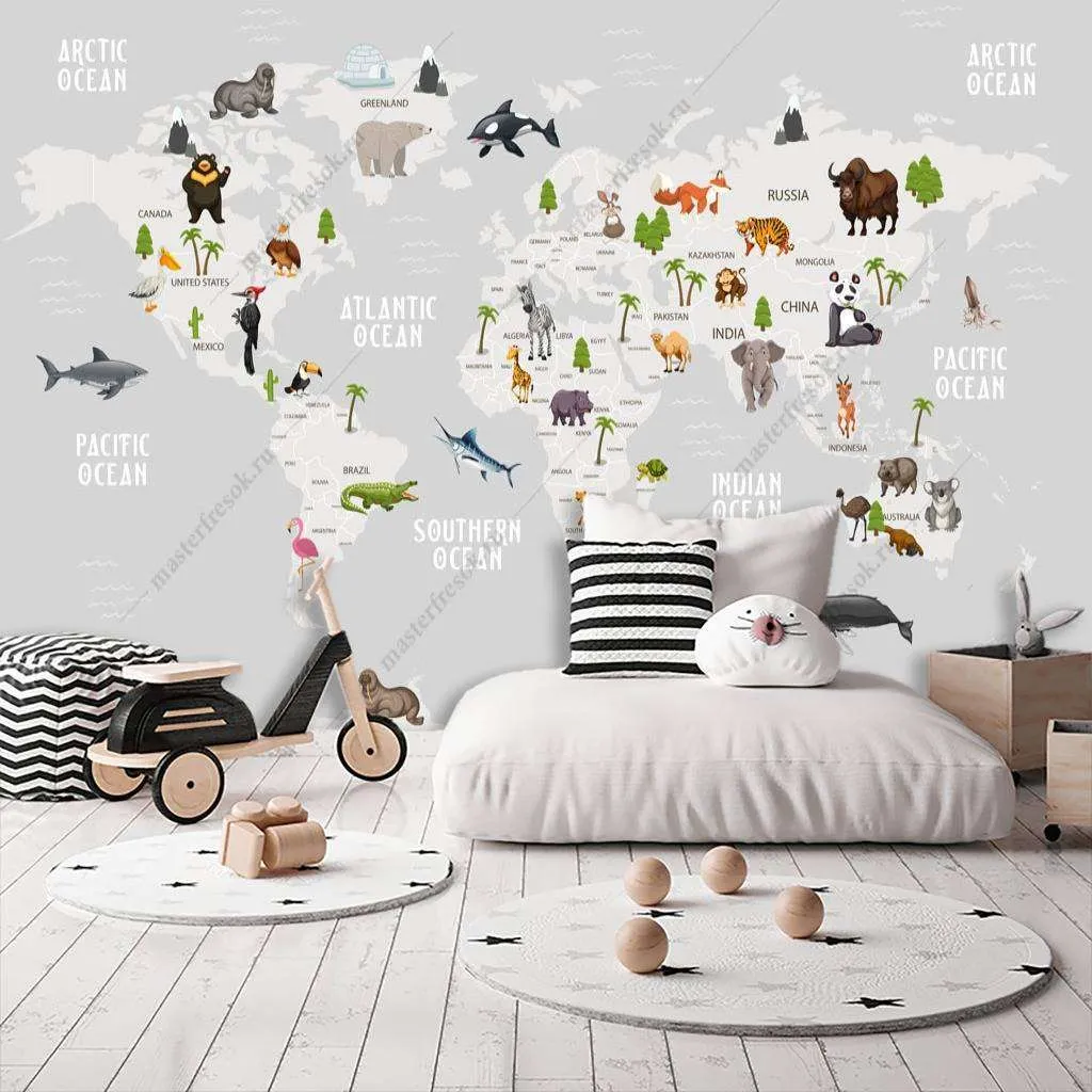 Фотообои в интерьере карта мира на светлом фоне  12-766 фото