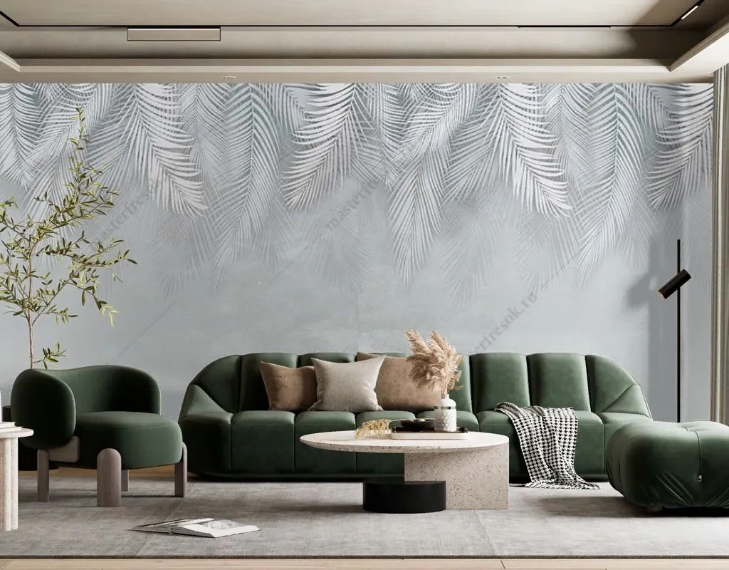 Фотообои в интерьере листья пальмы пушистые серые  14-672 фото