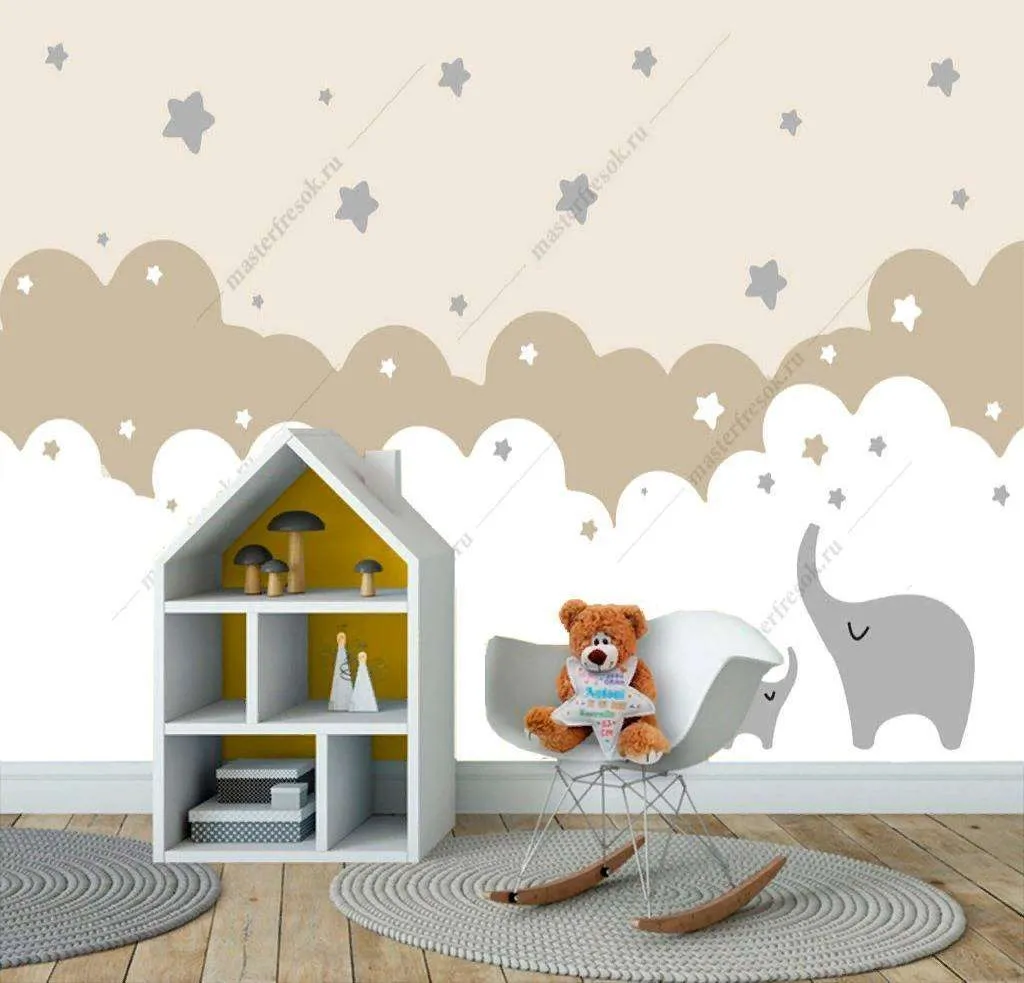 Фотообои в интерьере облака и слоник  12-846 фото