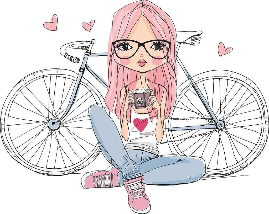 Фотообои в интерьере девочка с камерой и велосипед  12-1259 фото