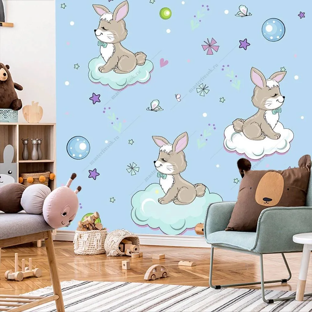 Фотообои Зверята с шарами на облаках на голубом фоне  12-420