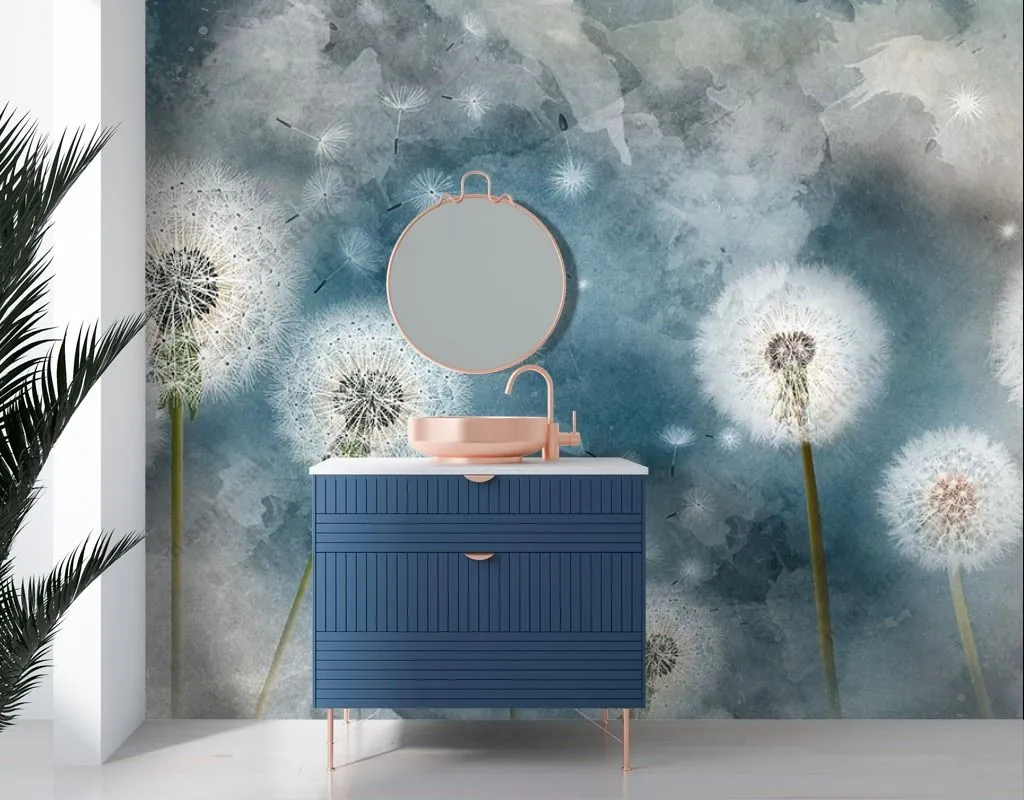 Фотообои в интерьере одуванчики на синем фоне  14-476 фото