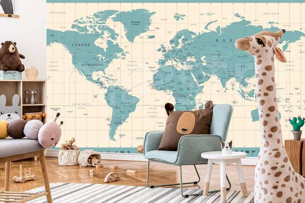 Фотообои в интерьере детская карта на белом фоне со странами  12-395 фото