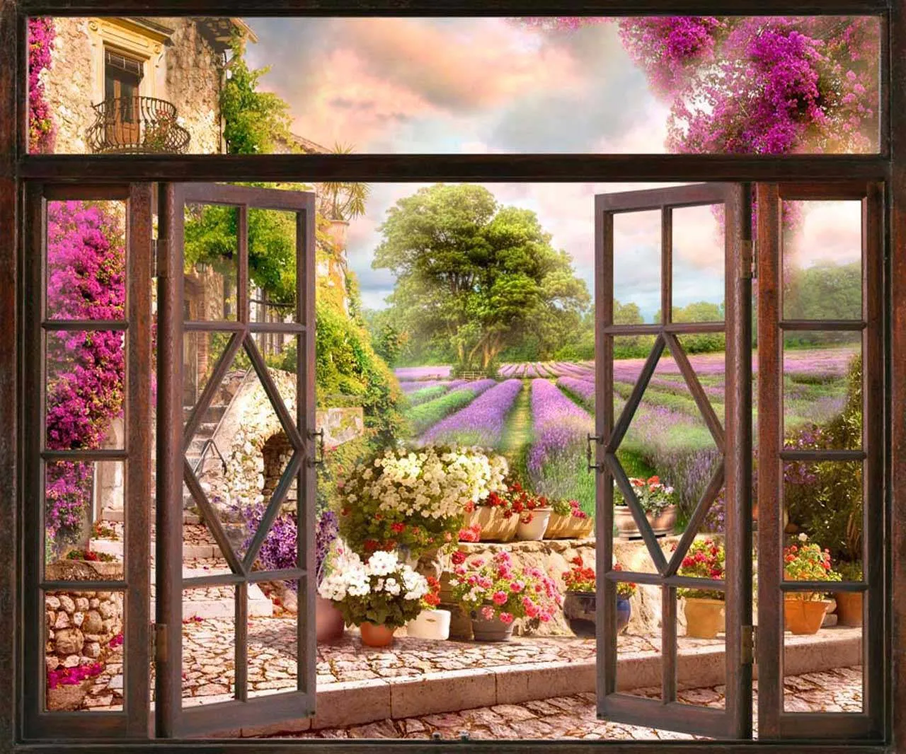 Фотообои в интерьере окно с видом на лавандовые поля  7-656 фото