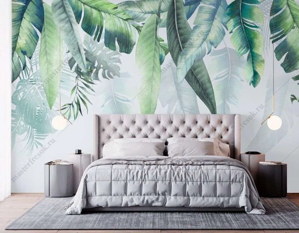 Фотообои в интерьере тропические листья сверху  13-504 фото