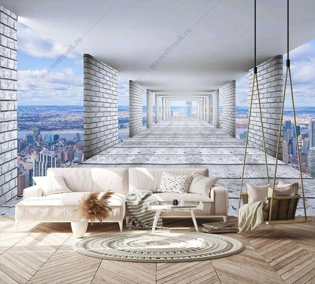 Фотообои в интерьере 3д тоннель и голубое небо  9-1188 фото