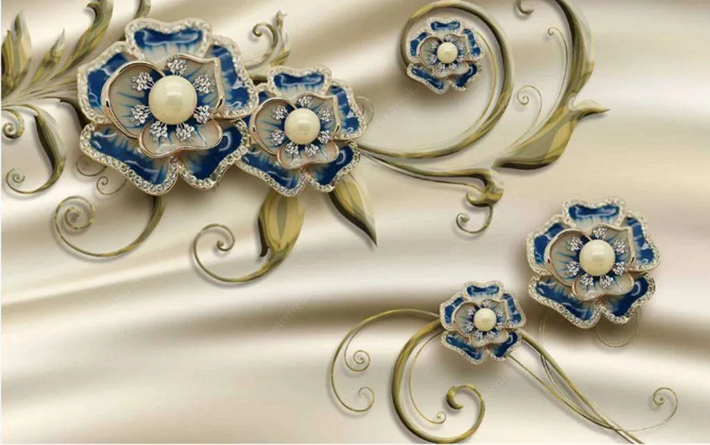 Фотообои в интерьере золотые завитки и синие цветы  15-781 фото