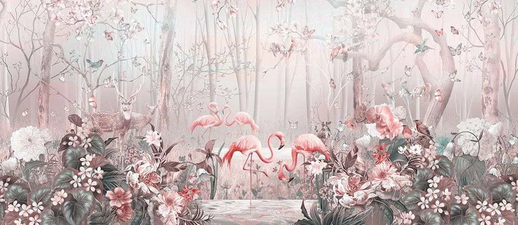 Фотообои в интерьере фламинго в цветущем саду  14-487 фото