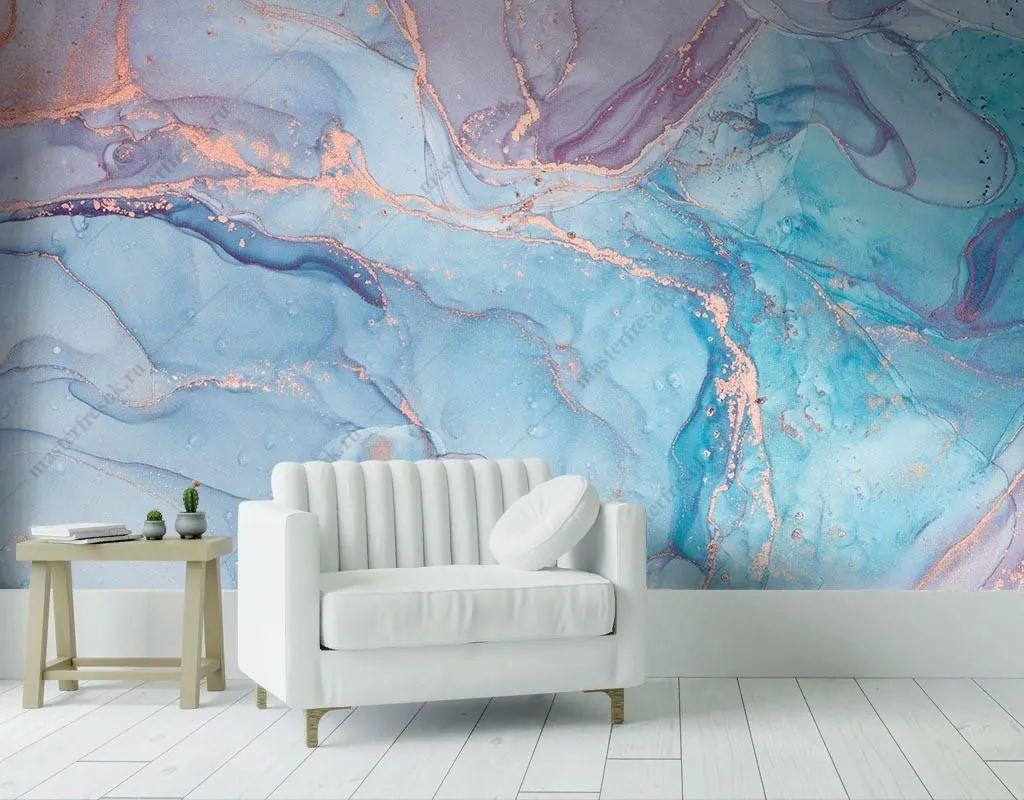 Фотообои в интерьере мрамор голубой с золотыми прожилками  9-1790 фото