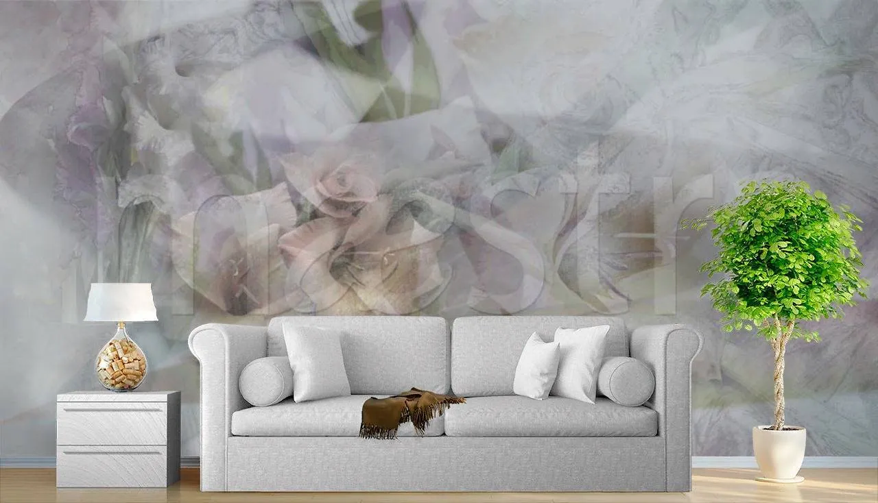 Фотообои в интерьере цветочная абстракция в серых цветах  7-595 фото