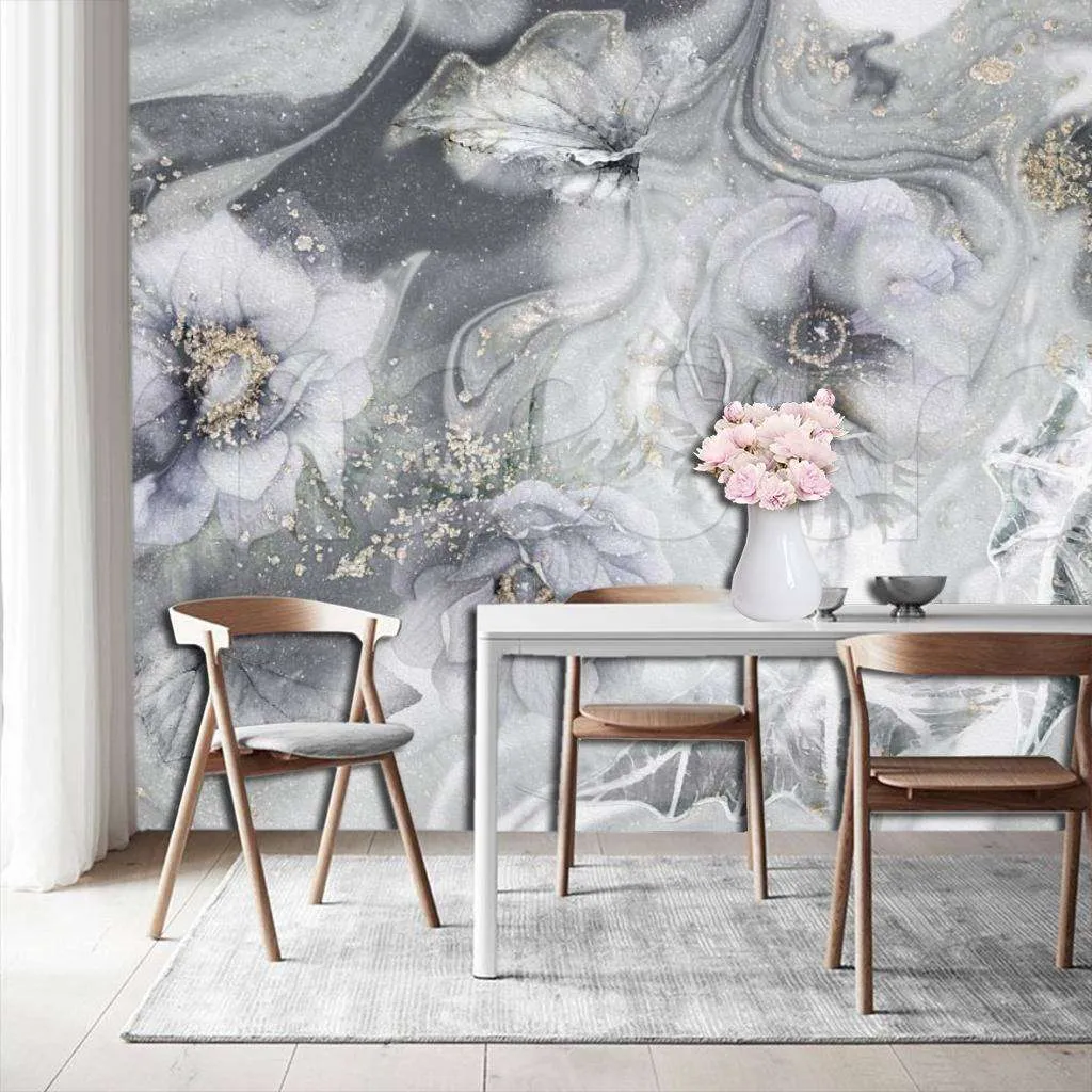 Фотообои в интерьере цветы в серой дымке  7-923 фото