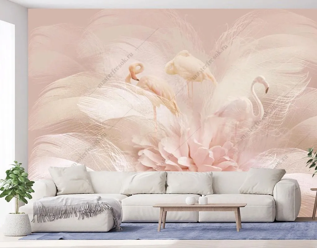 Фотообои в интерьере фламинго в пионах  13-580 фото