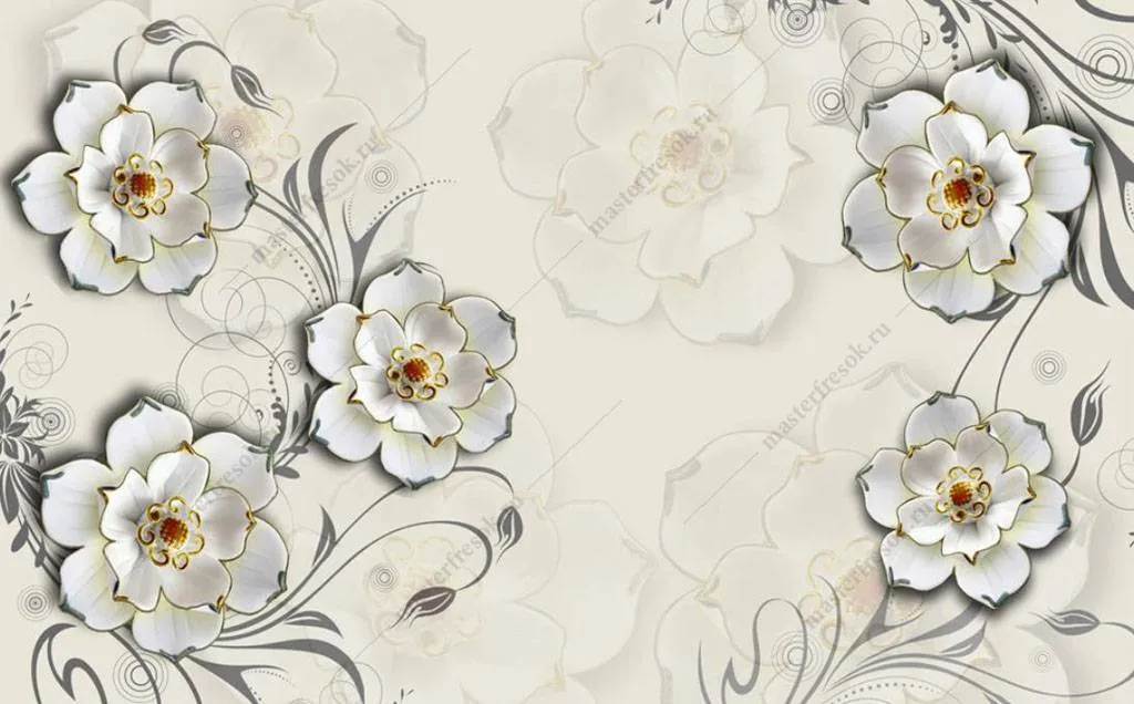 Фотообои в интерьере цветы 3д на бежевом фоне  16-185 фото