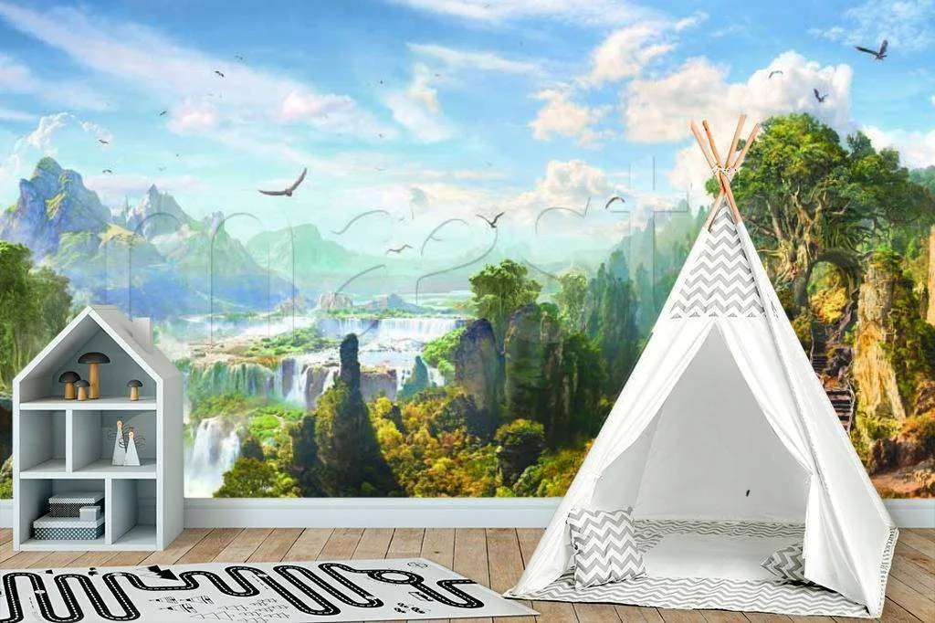 Фотообои в интерьере водопад в горной долине  11-022 фото