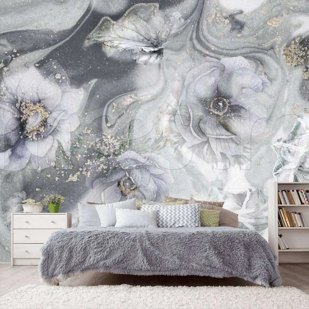 Фотообои в интерьере цветы в серой дымке  7-923 фото