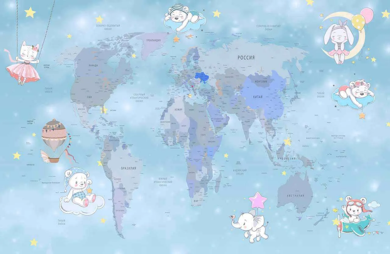 Фотообои в интерьере карта на русском с милыми животными  12-501 фото