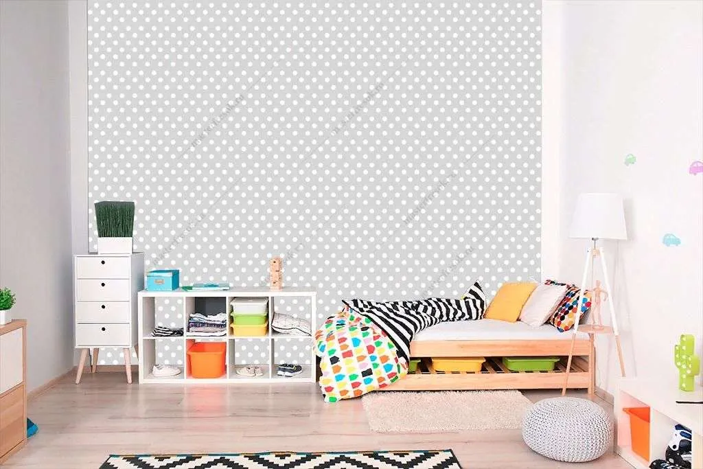 Фотообои в интерьере серый фон в горошек  14-620 фото