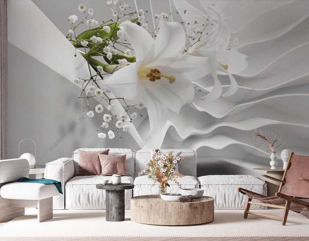 Фотообои в интерьере белые лилии 3d  10-983 фото