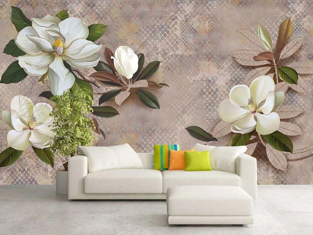 Фотообои в интерьере магнолия на бежевом фоне  10-871 фото