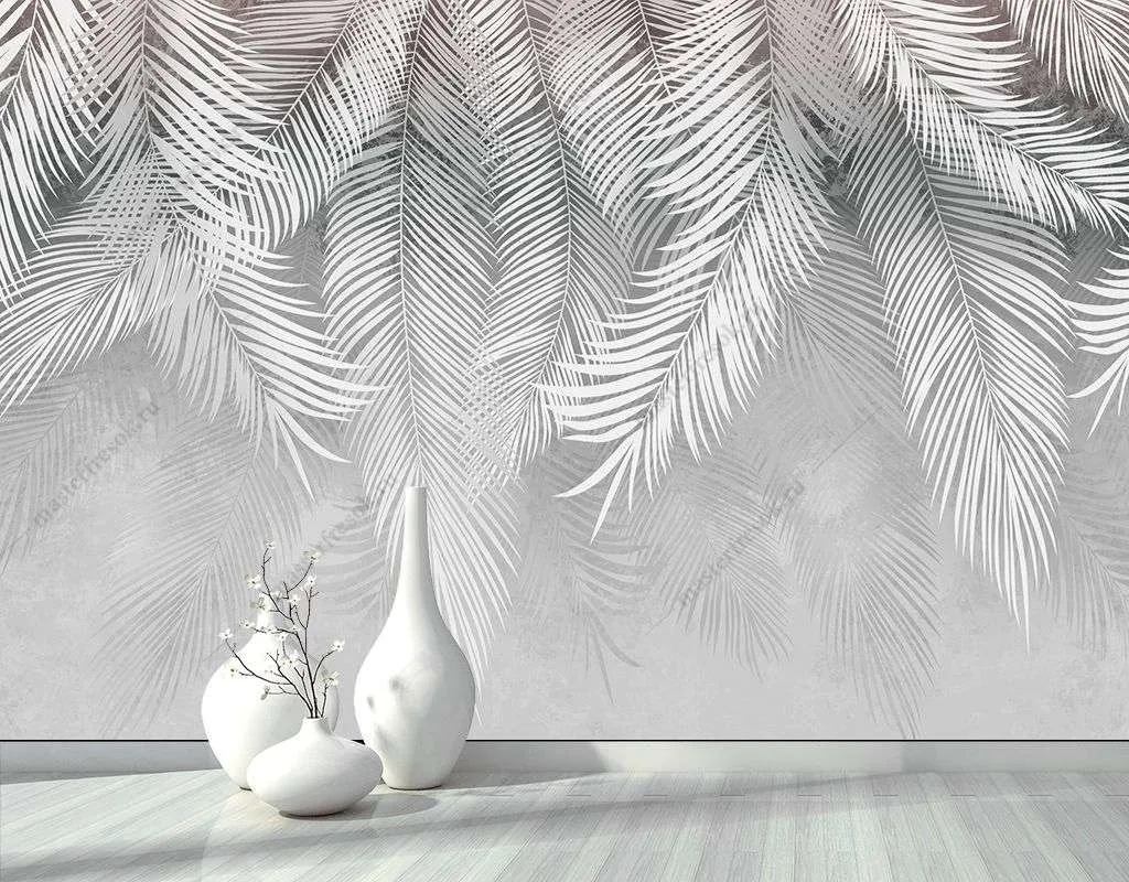 Фотообои в интерьере листья нежно серые  14-334 фото