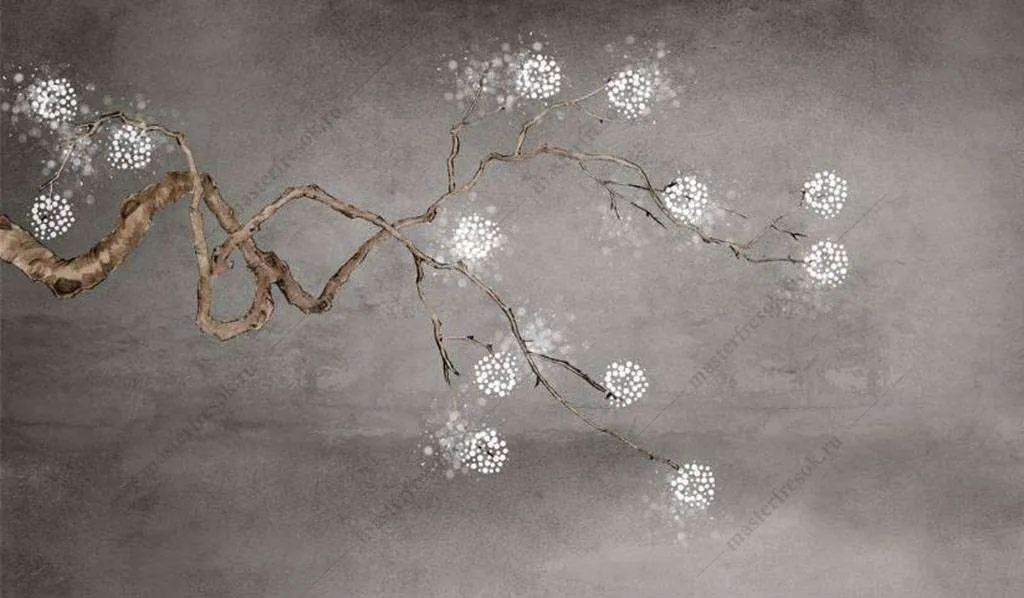 Фотообои в интерьере веточка с белыми цветами  15-897 фото