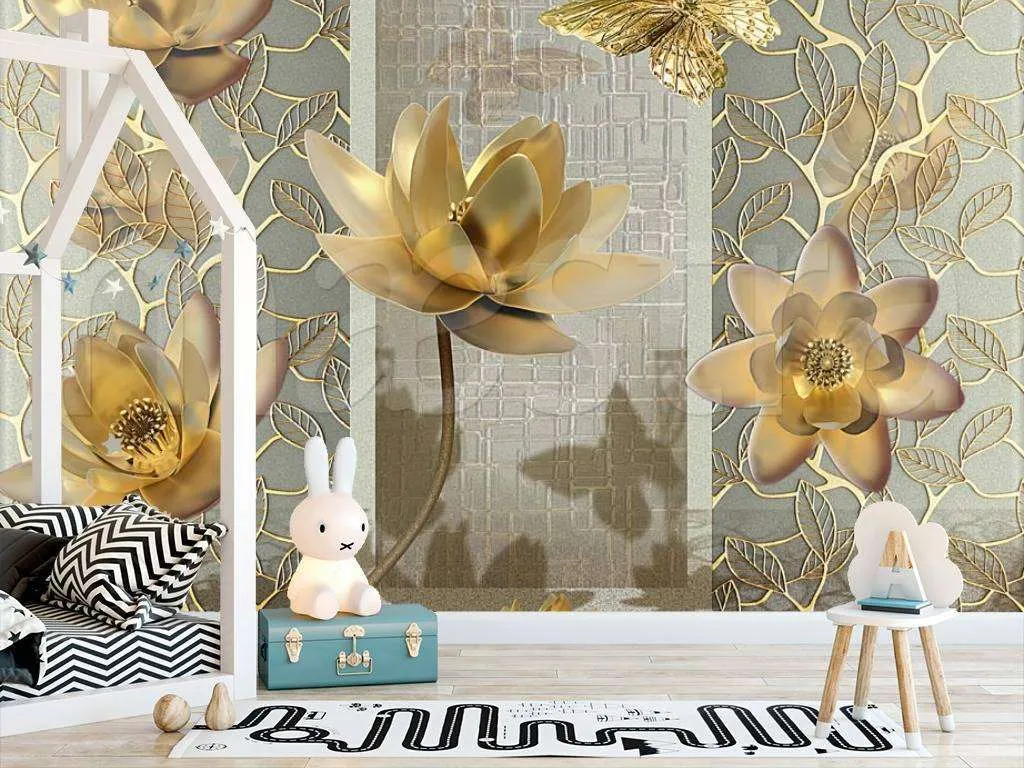 Фотообои в интерьере стереоскопические золотые лилии  7-527 фото