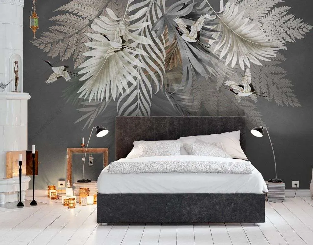 Фотообои в интерьере пальмовые листья на сером фоне  9-1620 фото