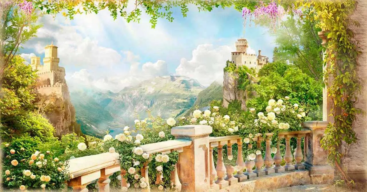 Фотообои в интерьере два замка в горах  11-190 фото