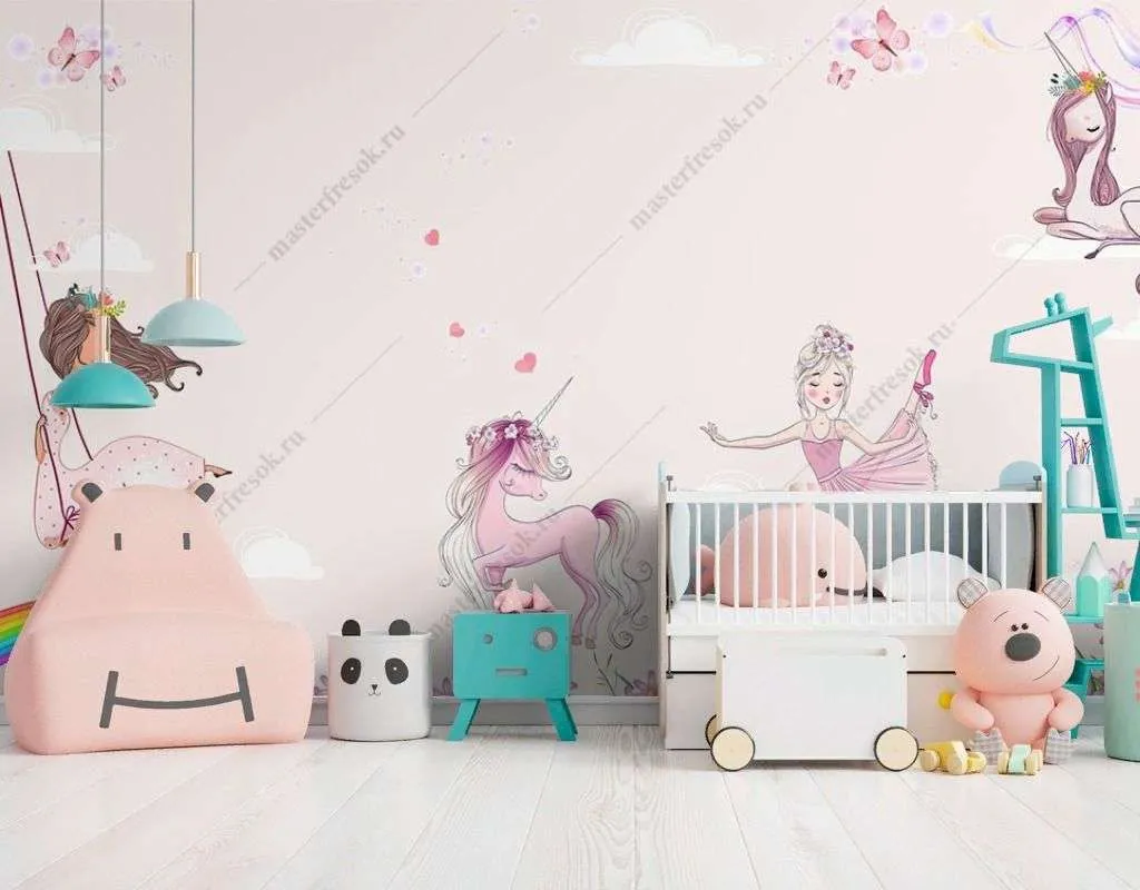 Фотообои в интерьере принцессы с единорогами  14-625 фото