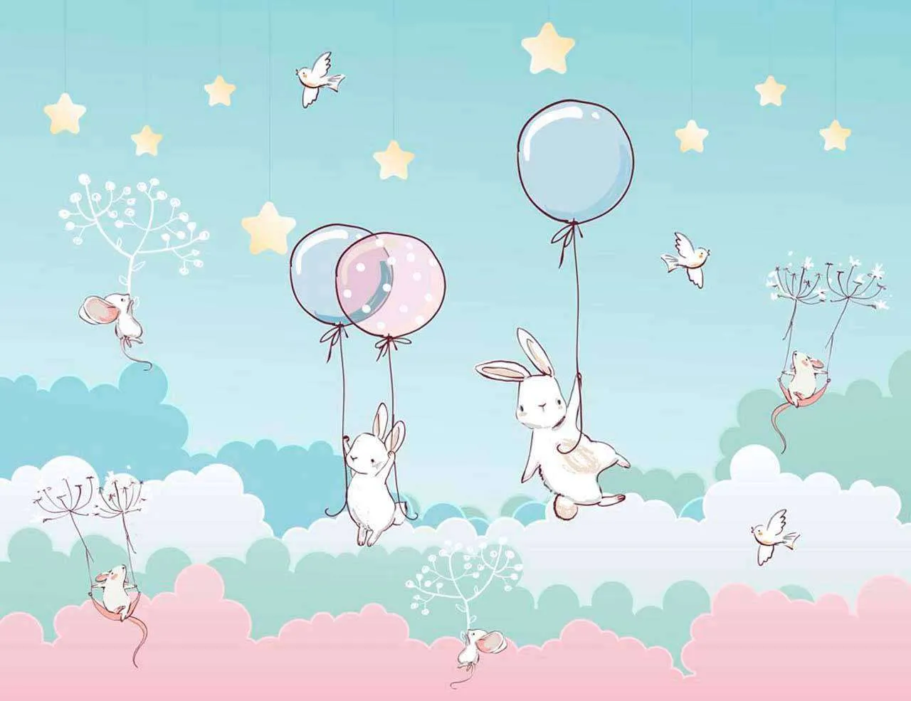 Фотообои в интерьере зайцы и мыши летят на шарах  12-408 фото