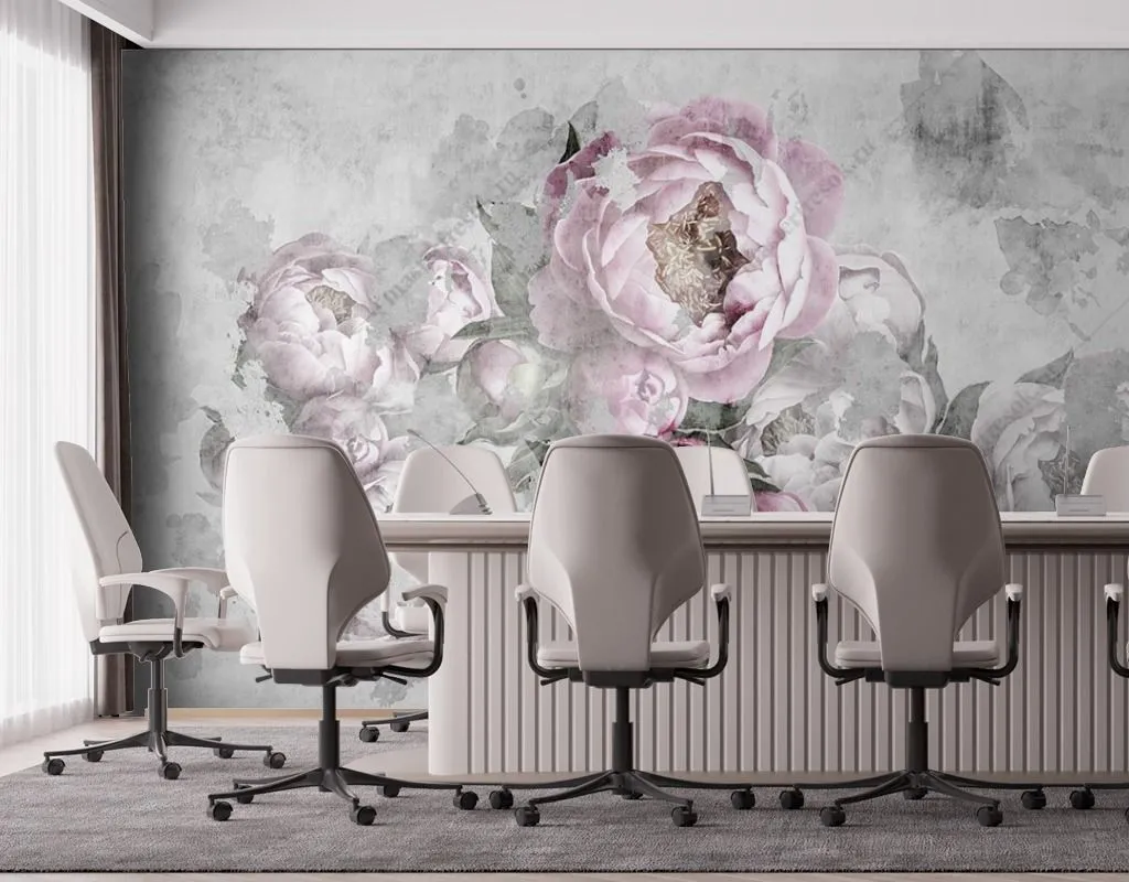 Фотообои в интерьере пионы на сером фоне  9-1605 фото
