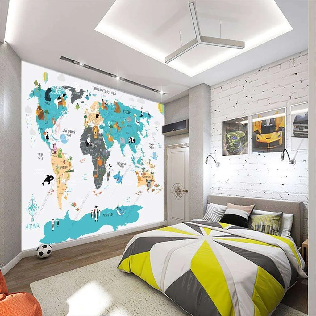 Фотообои в интерьере карта мира бирюзовая  12-1010 фото