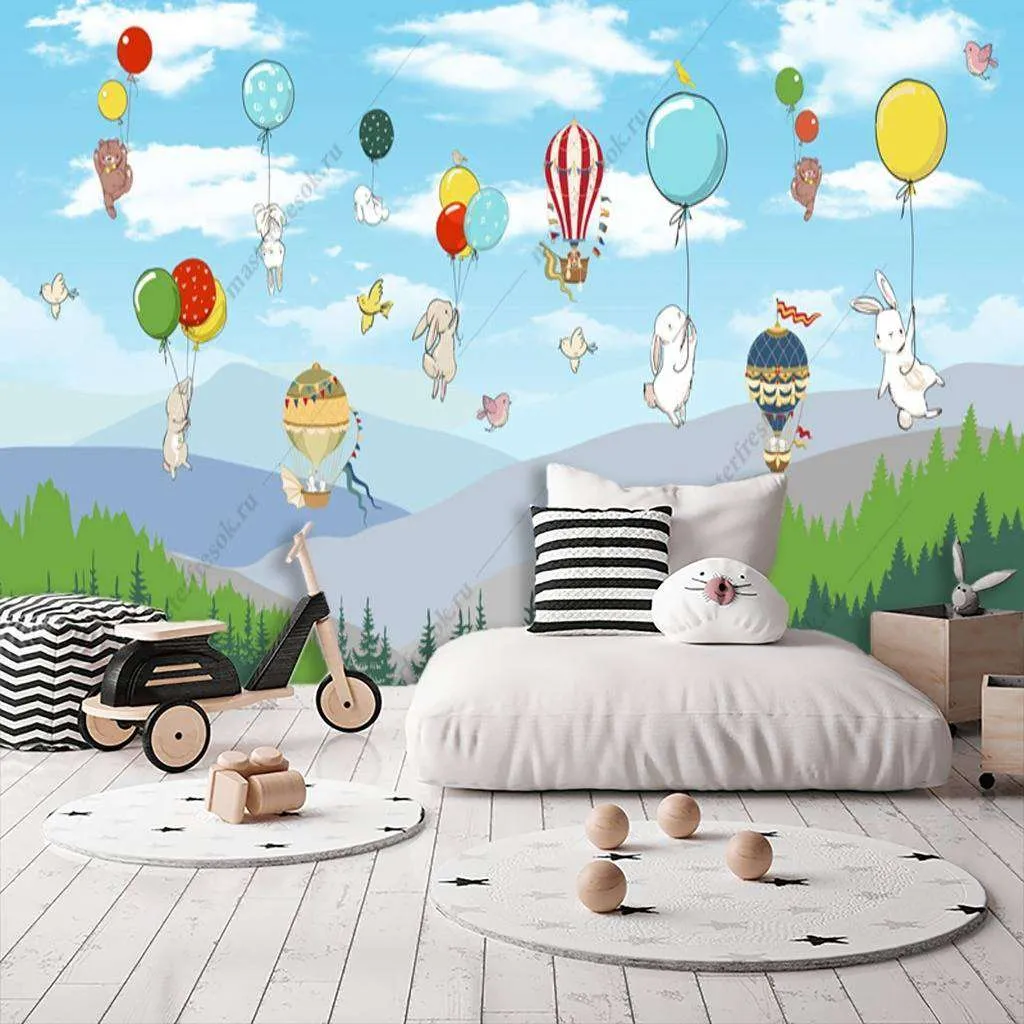 Фотообои в интерьере шарики над лесом  12-949 фото